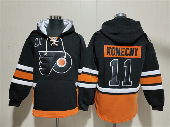 Men's Philadelphia Flyers #11 Travis Konecny Black Ageless Must-Have Lace-Up Pullover Hoodie